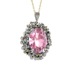 Pembe kuvars ve peridot 18 ayar beyaz altın kolye (40 cm altın rolo zincir)
