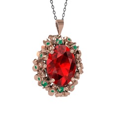 Garnet ve kök zümrüt 14 ayar rose altın kolye (40 cm gümüş rolo zincir)