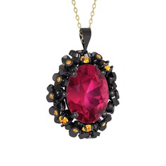Belka Demet Kolye - Rodolit garnet ve sitrin 925 ayar siyah rodyum kaplama gümüş kolye (40 cm altın rolo zincir) #q1aayg