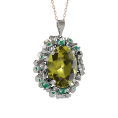 Peridot ve kök zümrüt 18 ayar beyaz altın kolye (40 cm rose altın rolo zincir)