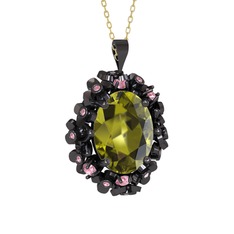 Belka Demet Kolye - Peridot ve pembe kuvars 925 ayar siyah rodyum kaplama gümüş kolye (40 cm altın rolo zincir) #scadgh