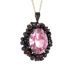 Belka Demet Kolye - Pembe kuvars ve kök yakut 925 ayar siyah rodyum kaplama gümüş kolye (40 cm altın rolo zincir) #soh62p