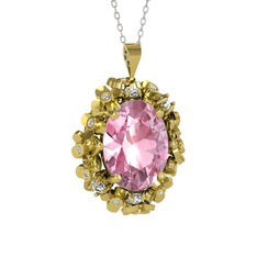 Pembe kuvars ve swarovski 18 ayar altın kolye (40 cm beyaz altın rolo zincir)