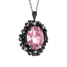 Belka Demet Kolye - Pembe kuvars ve beyaz zirkon 925 ayar siyah rodyum kaplama gümüş kolye (40 cm gümüş rolo zincir) #tkgjet
