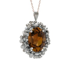 Dumanlı kuvars ve swarovski 8 ayar beyaz altın kolye (40 cm rose altın rolo zincir)