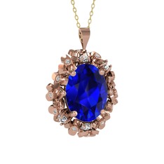 Belka Demet Kolye - Lab safir ve pırlanta 8 ayar rose altın kolye (0.18 karat, 40 cm gümüş rolo zincir) #v2i224