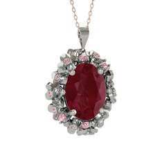 Kök yakut ve pembe kuvars 8 ayar beyaz altın kolye (40 cm rose altın rolo zincir)