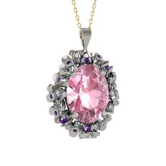 Belka Demet Kolye - Pembe kuvars ve ametist 18 ayar beyaz altın kolye (40 cm altın rolo zincir) #vafcrz