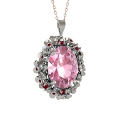 Pembe kuvars ve kök yakut 14 ayar beyaz altın kolye (40 cm rose altın rolo zincir)