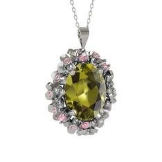 Peridot ve pembe kuvars 8 ayar beyaz altın kolye (40 cm gümüş rolo zincir)