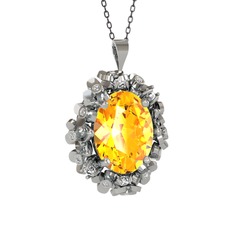 Belka Demet Kolye - Sitrin ve pırlanta 8 ayar beyaz altın kolye (0.18 karat, 40 cm gümüş rolo zincir) #wopz0j