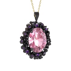 Belka Demet Kolye - Pembe kuvars ve ametist 925 ayar siyah rodyum kaplama gümüş kolye (40 cm altın rolo zincir) #wyiys1