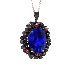 Lab safir ve rodolit garnet 925 ayar siyah rodyum kaplama gümüş kolye (40 cm rose altın rolo zincir)