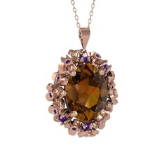 Belka Demet Kolye - Dumanlı kuvars ve ametist 14 ayar rose altın kolye (40 cm rose altın rolo zincir) #xp29j6