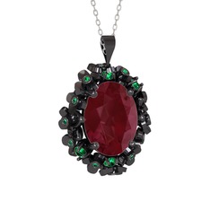 Belka Demet Kolye - Kök yakut ve yeşil kuvars 925 ayar siyah rodyum kaplama gümüş kolye (40 cm gümüş rolo zincir) #xtmlrs