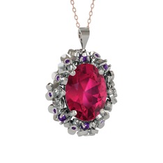 Rodolit garnet ve ametist 14 ayar beyaz altın kolye (40 cm rose altın rolo zincir)