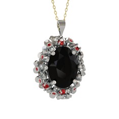 Siyah zirkon ve garnet 18 ayar beyaz altın kolye (40 cm altın rolo zincir)