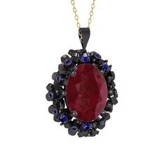 Belka Demet Kolye - Kök yakut ve lab safir 925 ayar siyah rodyum kaplama gümüş kolye (40 cm altın rolo zincir) #z7e240