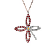 Taşlı Yonca Kolye - Sitrin ve garnet 14 ayar beyaz altın kolye (40 cm rose altın rolo zincir) #106kgpi