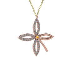 Taşlı Yonca Kolye - Sitrin ve pırlanta 14 ayar rose altın kolye (0.429 karat, 40 cm gümüş rolo zincir) #10bhq3a