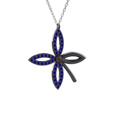 Taşlı Yonca Kolye - Dumanlı kuvars ve lab safir 925 ayar siyah rodyum kaplama gümüş kolye (40 cm gümüş rolo zincir) #12zuo6g