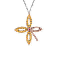 Taşlı Yonca Kolye - Rodolit garnet ve sitrin 925 ayar rose altın kaplama gümüş kolye (40 cm beyaz altın rolo zincir) #13amip5