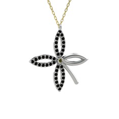 Taşlı Yonca Kolye - Peridot ve siyah zirkon 8 ayar beyaz altın kolye (40 cm gümüş rolo zincir) #13ogb84