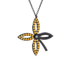 Taşlı Yonca Kolye - Swarovski ve sitrin 925 ayar siyah rodyum kaplama gümüş kolye (40 cm gümüş rolo zincir) #156e0p6