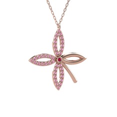 Taşlı Yonca Kolye - Rodolit garnet ve pembe kuvars 8 ayar rose altın kolye (40 cm rose altın rolo zincir) #15q4s9m