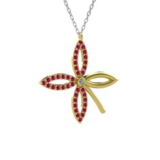 Taşlı Yonca Kolye - Pırlanta ve rodolit garnet 18 ayar altın kolye (0.015 karat, 40 cm gümüş rolo zincir) #15til09
