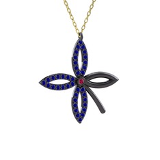 Taşlı Yonca Kolye - Rodolit garnet ve lab safir 925 ayar siyah rodyum kaplama gümüş kolye (40 cm altın rolo zincir) #15xl69x