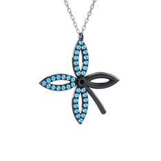 Taşlı Yonca Kolye - Siyah zirkon ve akuamarin 925 ayar siyah rodyum kaplama gümüş kolye (40 cm beyaz altın rolo zincir) #16gdgyq