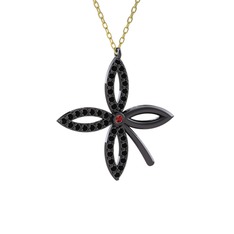 Taşlı Yonca Kolye - Garnet ve siyah zirkon 925 ayar siyah rodyum kaplama gümüş kolye (40 cm altın rolo zincir) #17052vo