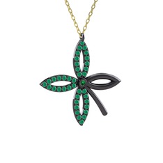 Taşlı Yonca Kolye - Yeşil kuvars ve kök zümrüt 925 ayar siyah rodyum kaplama gümüş kolye (40 cm altın rolo zincir) #176juod