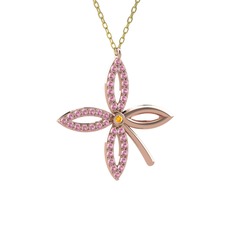 Taşlı Yonca Kolye - Sitrin ve pembe kuvars 8 ayar rose altın kolye (40 cm gümüş rolo zincir) #177j5ct