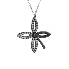 Taşlı Yonca Kolye - Peridot ve beyaz zirkon 925 ayar siyah rodyum kaplama gümüş kolye (40 cm beyaz altın rolo zincir) #17vwuev