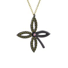 Pembe kuvars ve peridot 925 ayar siyah rodyum kaplama gümüş kolye (40 cm altın rolo zincir)