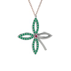Taşlı Yonca Kolye - Rodolit garnet ve kök zümrüt 14 ayar beyaz altın kolye (40 cm rose altın rolo zincir) #1923jig