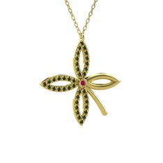 Taşlı Yonca Kolye - Rodolit garnet ve peridot 8 ayar altın kolye (40 cm gümüş rolo zincir) #19g8x78