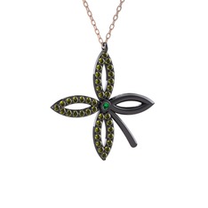 Taşlı Yonca Kolye - Yeşil kuvars ve peridot 925 ayar siyah rodyum kaplama gümüş kolye (40 cm rose altın rolo zincir) #1a59fp3