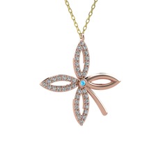 Taşlı Yonca Kolye - Akuamarin ve beyaz zirkon 14 ayar rose altın kolye (40 cm altın rolo zincir) #1aqoc6