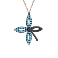 Taşlı Yonca Kolye - Ametist ve akuamarin 925 ayar siyah rodyum kaplama gümüş kolye (40 cm rose altın rolo zincir) #1atddcd