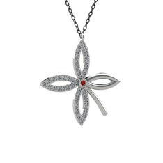 Taşlı Yonca Kolye - Garnet ve pırlanta 14 ayar beyaz altın kolye (0.429 karat, 40 cm gümüş rolo zincir) #1b16gas