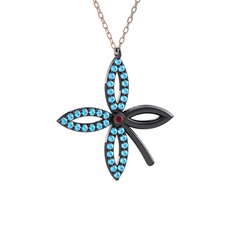 Taşlı Yonca Kolye - Kök yakut ve akuamarin 925 ayar siyah rodyum kaplama gümüş kolye (40 cm rose altın rolo zincir) #1b2hztf