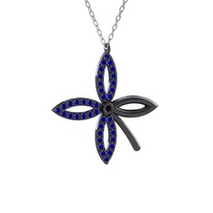 Taşlı Yonca Kolye - Siyah zirkon ve lab safir 925 ayar siyah rodyum kaplama gümüş kolye (40 cm gümüş rolo zincir) #1d13p9r