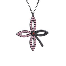 Taşlı Yonca Kolye - Garnet ve pembe kuvars 925 ayar siyah rodyum kaplama gümüş kolye (40 cm gümüş rolo zincir) #1egcmj2