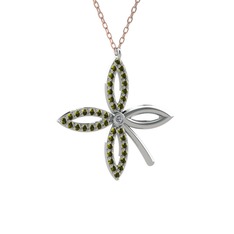 Taşlı Yonca Kolye - Pırlanta ve peridot 14 ayar beyaz altın kolye (0.015 karat, 40 cm rose altın rolo zincir) #1entwee