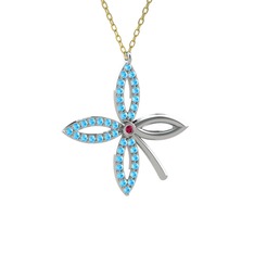 Taşlı Yonca Kolye - Rodolit garnet ve akuamarin 18 ayar beyaz altın kolye (40 cm altın rolo zincir) #1hhk1an