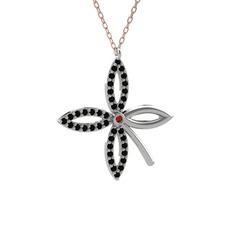 Taşlı Yonca Kolye - Garnet ve siyah zirkon 14 ayar beyaz altın kolye (40 cm rose altın rolo zincir) #1hud6bw