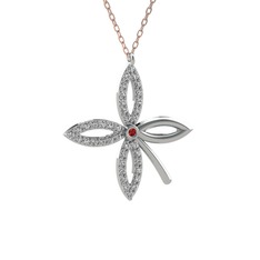Taşlı Yonca Kolye - Garnet ve beyaz zirkon 14 ayar beyaz altın kolye (40 cm rose altın rolo zincir) #1ib4mkx